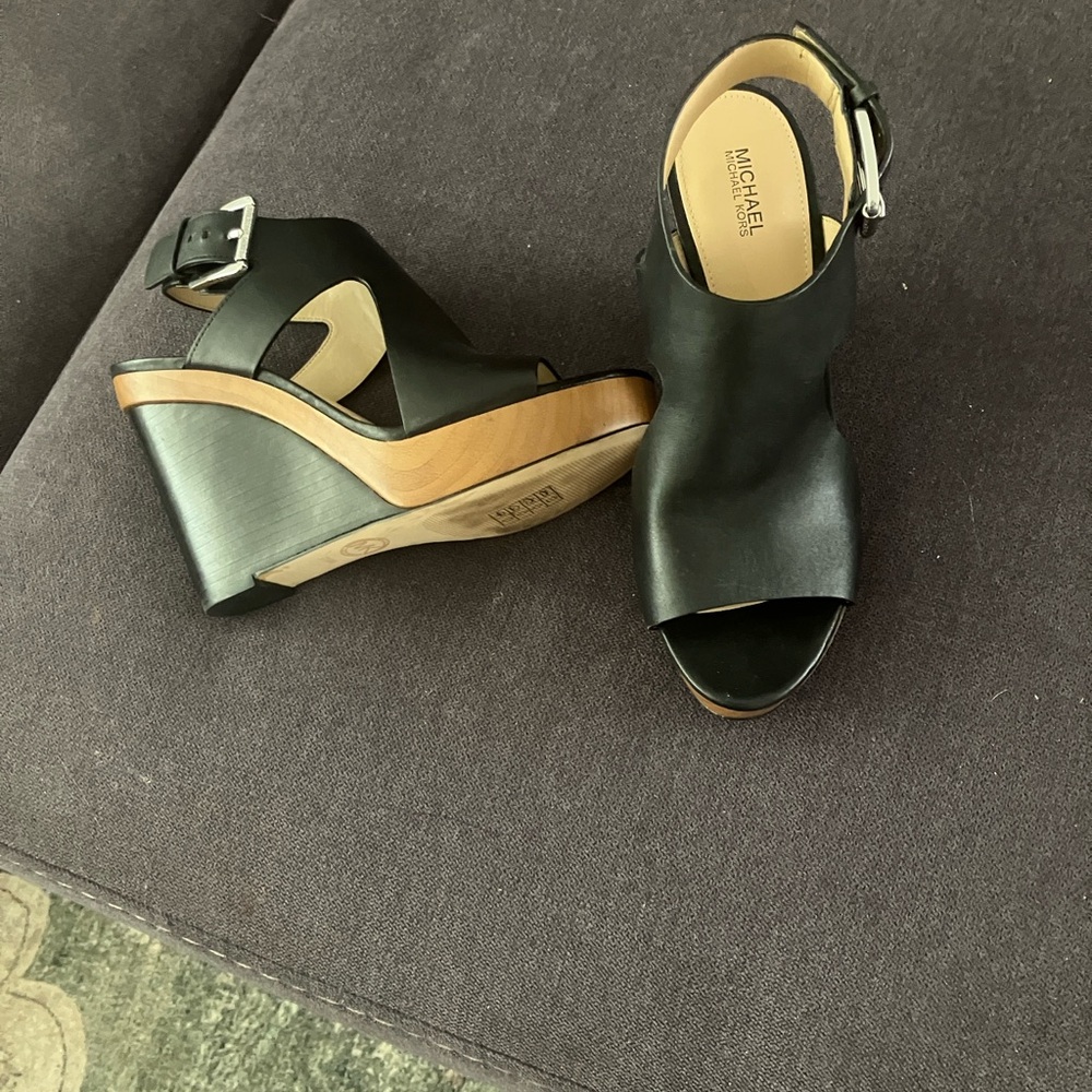 Michael Kors Black and Tan Wedge Sandals